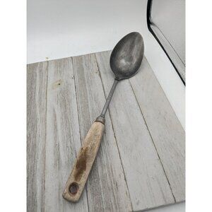 Vintage Stainless Steel Throughout Solid Serving Spoon Wood Handle 12"